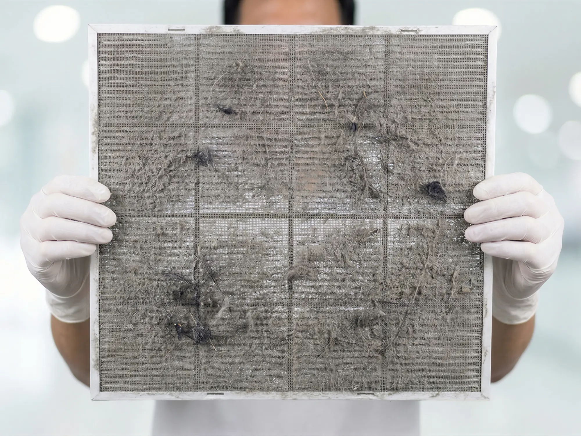 A homeowner holding a heavily clogged and dirty HVAC air filter causing a heat pump to stop cooling properly.