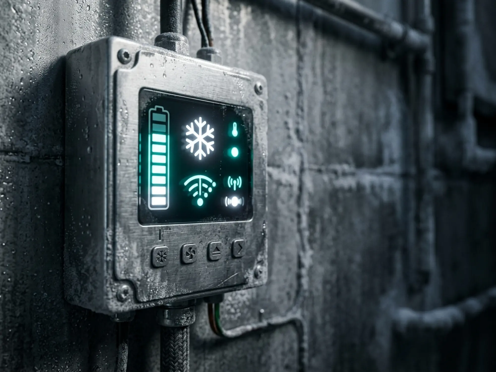 Digital HVAC control panel on a wall showing a cooling icon and system status settings.