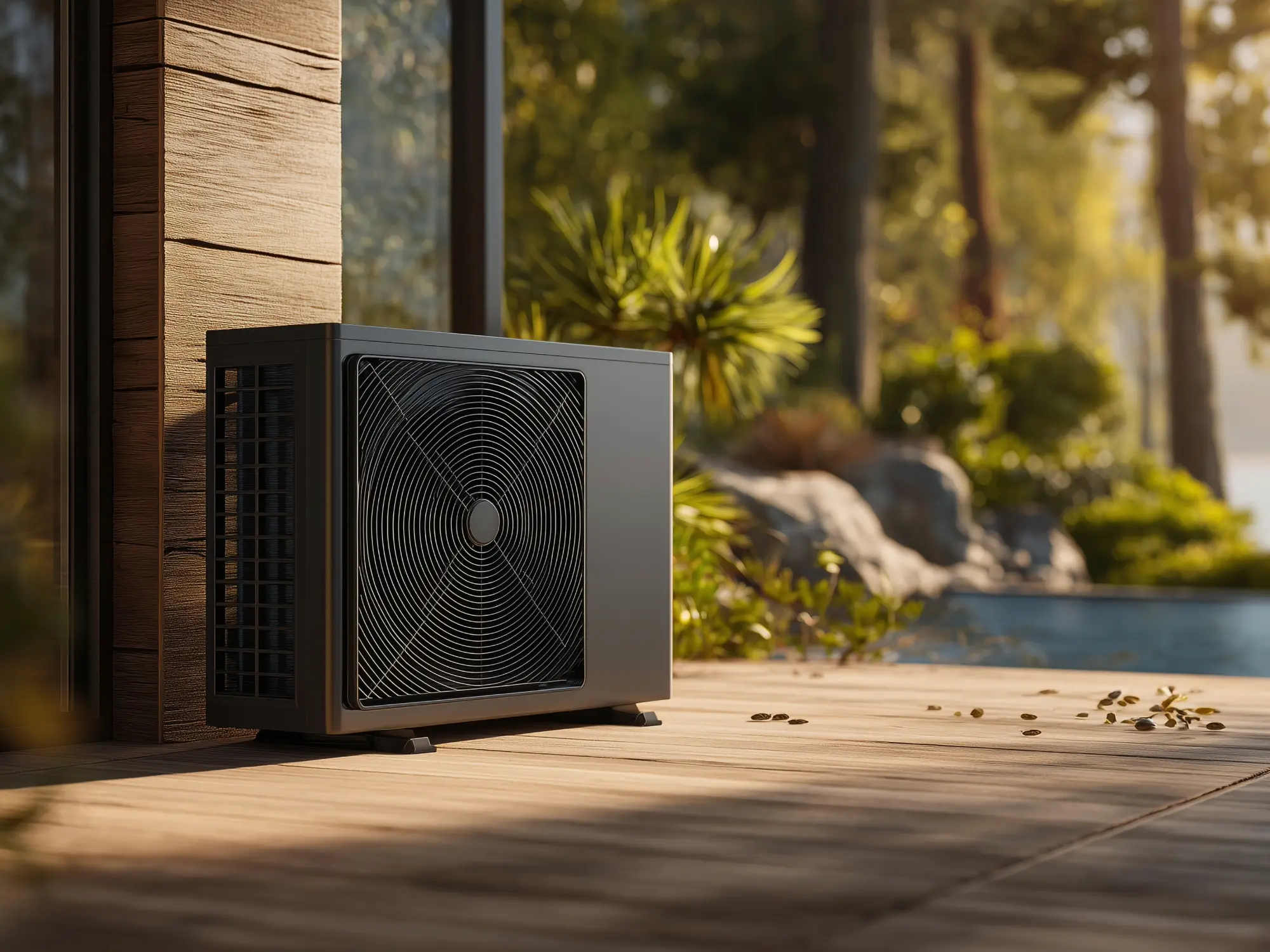 A modern dark grey outdoor heat pump condenser unit installed on a residential wooden deck in Greater Vancouver.
